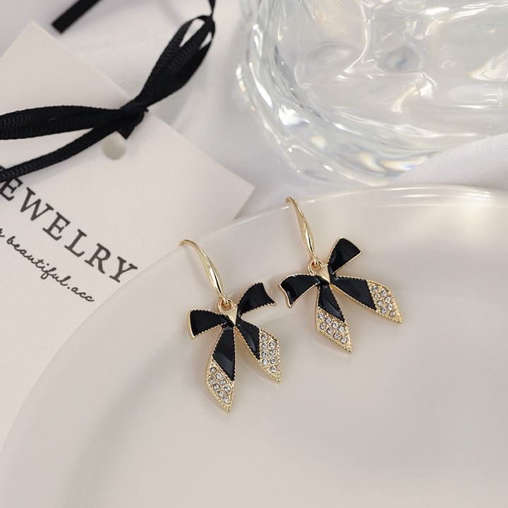 Black Enamel & Diamond Bow Drop Huggie Earrings (Gold Tone Elegant Statement Hoops)