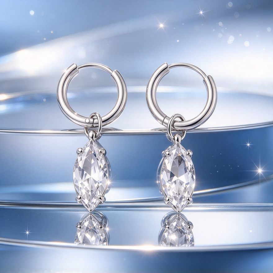 Marquise Diamond S925 Silver Huggie Earrings, Simple Teardrop Dangle Hoop Earrings, Elegant Earrings for Women, Gold / Silver Two Colors Available
