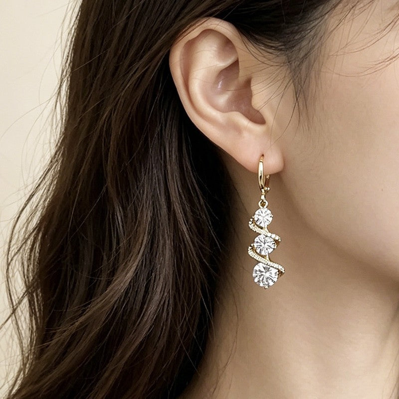 Spiral Three Stone Drop Leverback Earrings