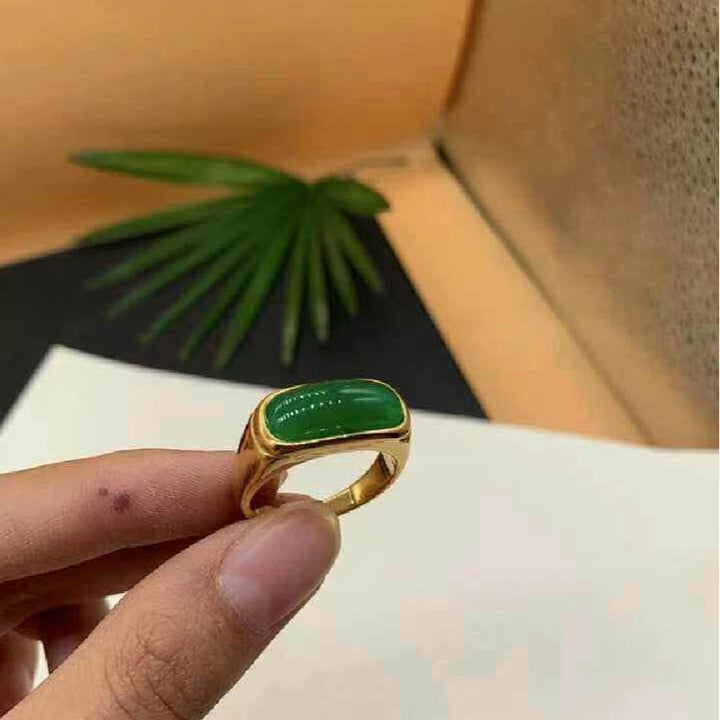 Rectangle Cabochon Chalcedony Bezel Ring, Gold Silver Minimal Plain Stone Unisex Band