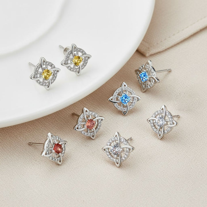 Witch's Knot Birthstone Stud Earrings (12 Colors Silver Tone Jewelry)