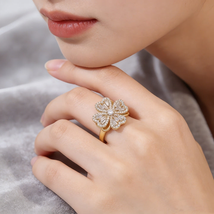 Gold Five-Petal Flower S925 Silver Ring, Luxury Full Diamond 3D Floral Ring, Elegant Inlaid Diamond Adjustable Ring for Banquet