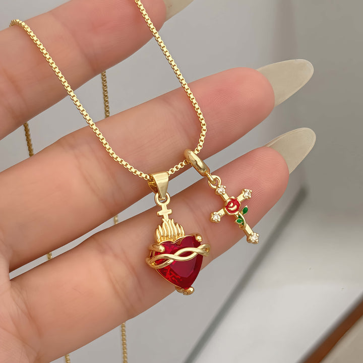 Sacred Heart Red Diamond & Rose Cross Combo Necklace, 3 Heart Styles Vintage Faith Choker