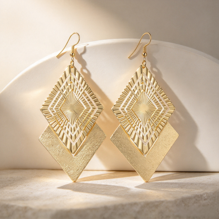 Double Layer Diamond Geometric Engraved Drop Earrings