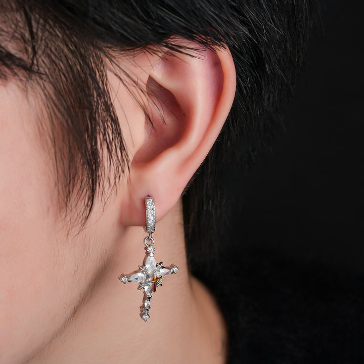 Two-Tone Four-Pointed Star Long Drop Hoop Earrings, Vintage Luxury Full Paved Diamond Star Dangle Earrings