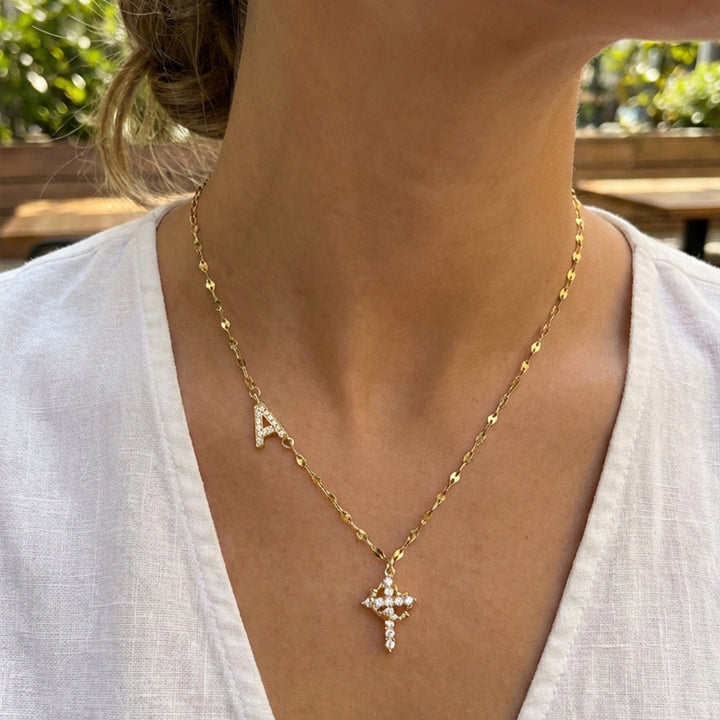 Diamond Initial & Cross Double Pendant Necklace (26 Letters Gold Tone Lip Chain)