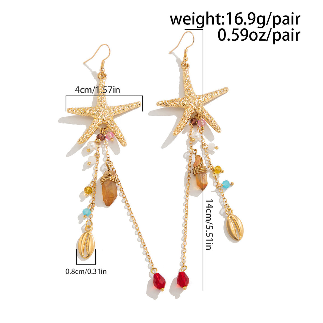 Coastal Vacation Starfish Shell Tassel Long Drop Earrings, European Vintage Ocean Series Multi-style Holiday Earrings for Women