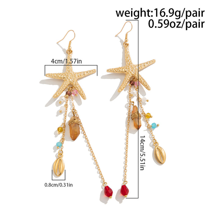 Coastal Vacation Starfish Shell Tassel Long Drop Earrings, European Vintage Ocean Series Multi-style Holiday Earrings for Women