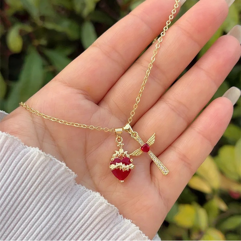 Sweet & Spicy Red Heart Cross Necklace Series (Y2K Grunge Clavicle Chain)