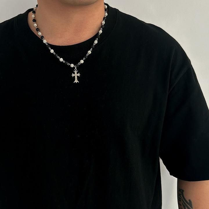 Pearl Shambhala Ball Cross Necklace, Vintage Hip Hop Adjustable Diamond Unisex Clavicle Chain for Men & Women
