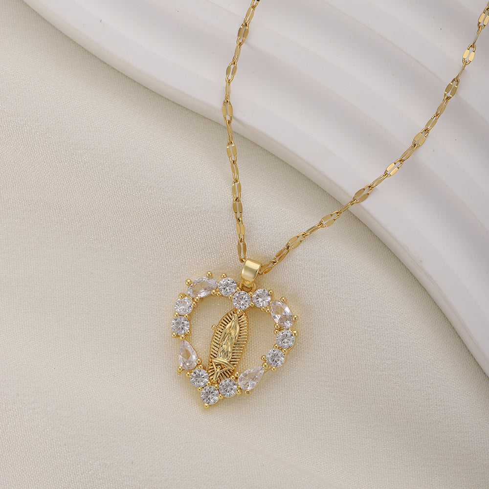 Heart Diamond Virgin Mary Pendant Necklace, Dainty Religious Heart Necklace