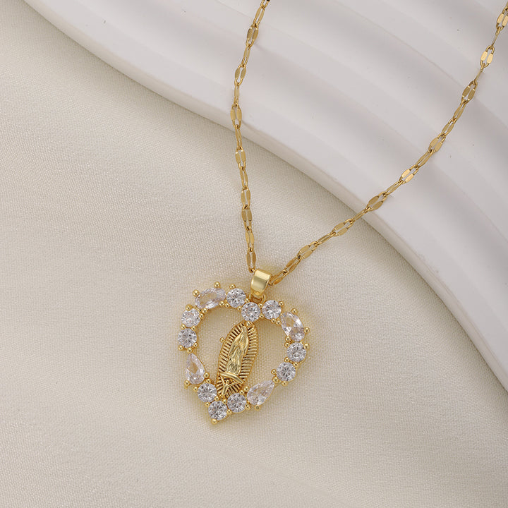 Heart Diamond Virgin Mary Pendant Necklace, Dainty Religious Heart Necklace