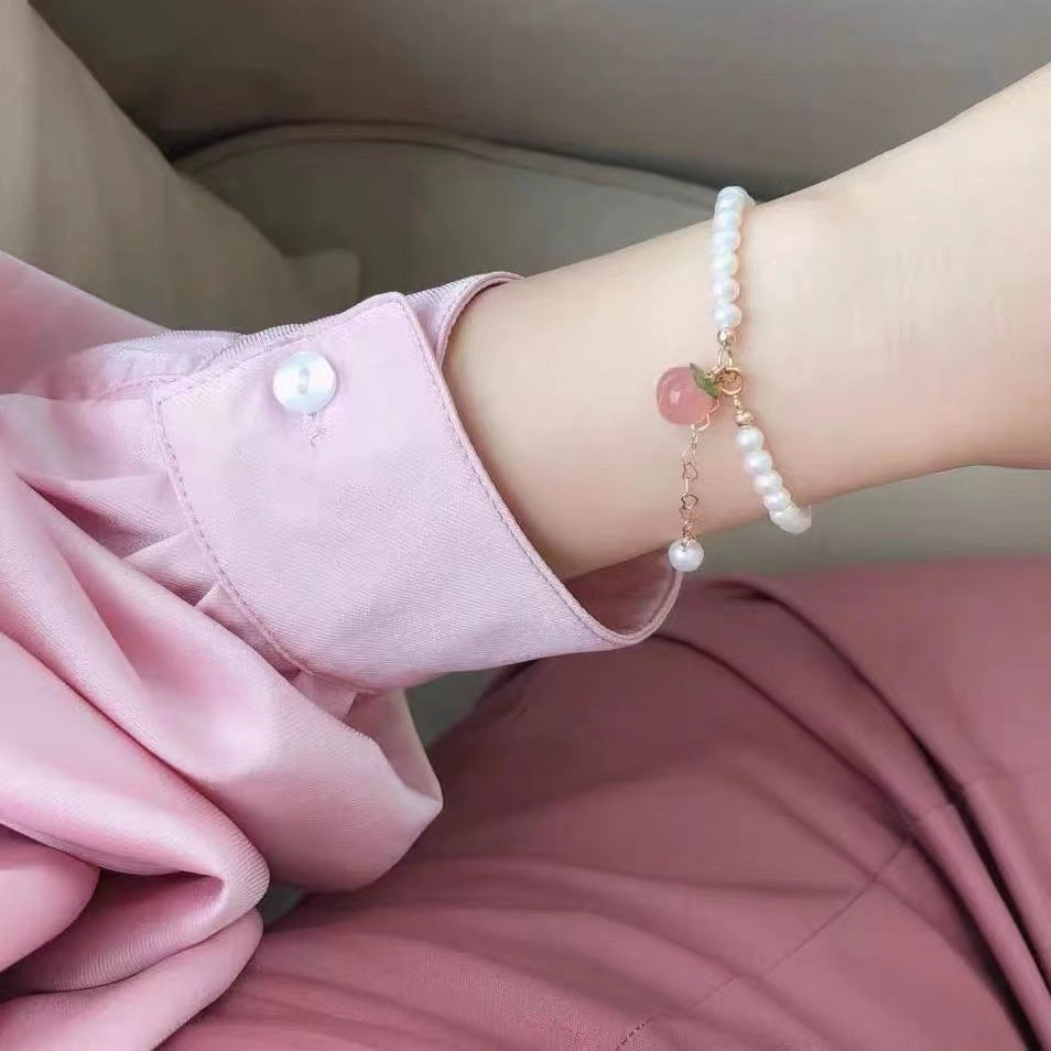 Soft Style Pearl Dainty Bracelets, Multi-Tone Peach/Tag/Coin/Red Bead/Green Jade Minimal Wrist Beads