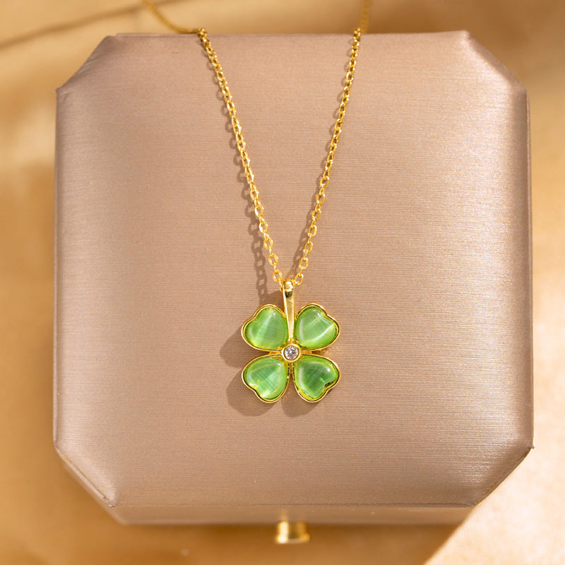 Cat's Eye Four-Leaf Clover Lucky Necklace, 2 Color Heart Petal 14K Gold Plated Choker