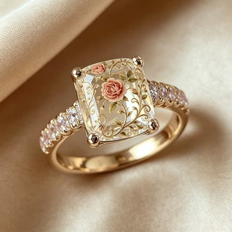 Vintage‑Style Inner‑Carved Rose Square Stone Ring, S925 Silver Elegant Floral Court‑Style Ring