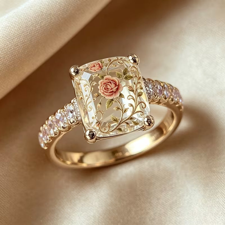 Vintage‑Style Inner‑Carved Rose Square Stone Ring, S925 Silver Elegant Floral Court‑Style Ring