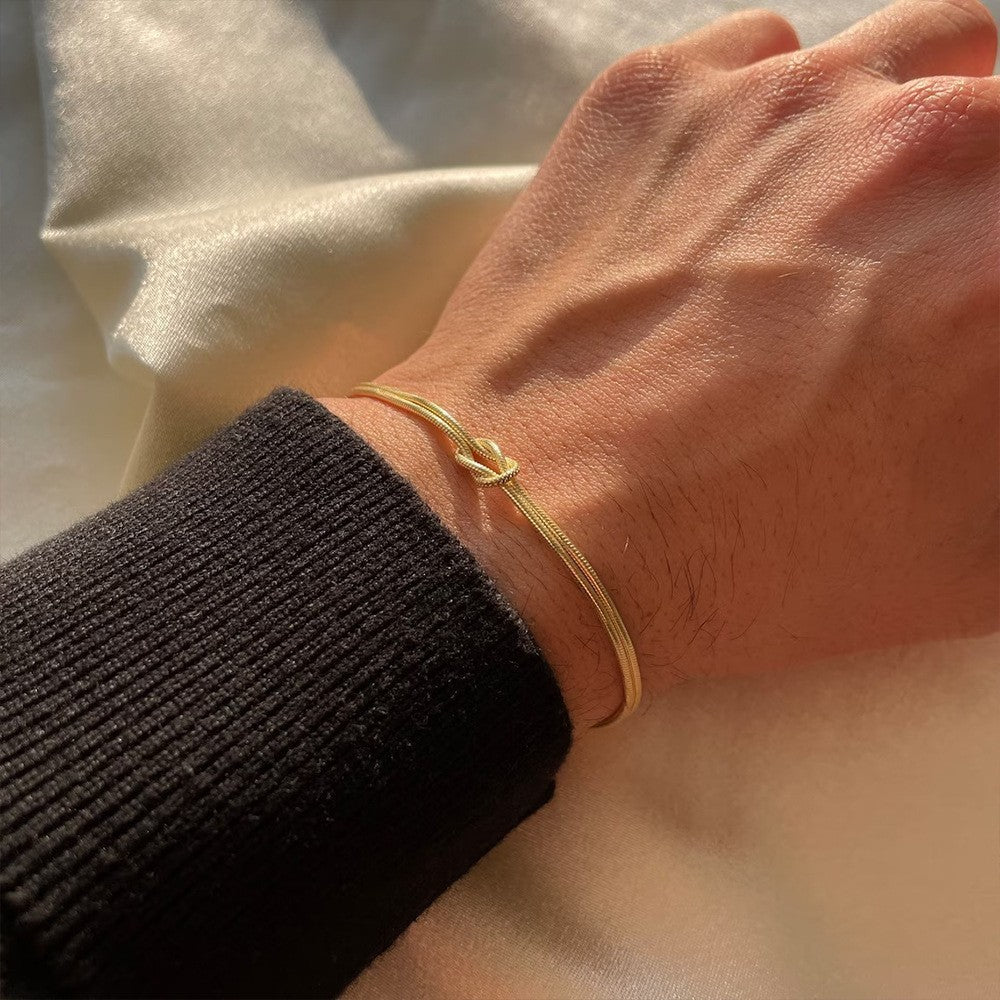 S925 Silver Love Knot Adjustable Snake Chain Bracelet, Minimalist Luxury Two-tone Wrist Jewelry
