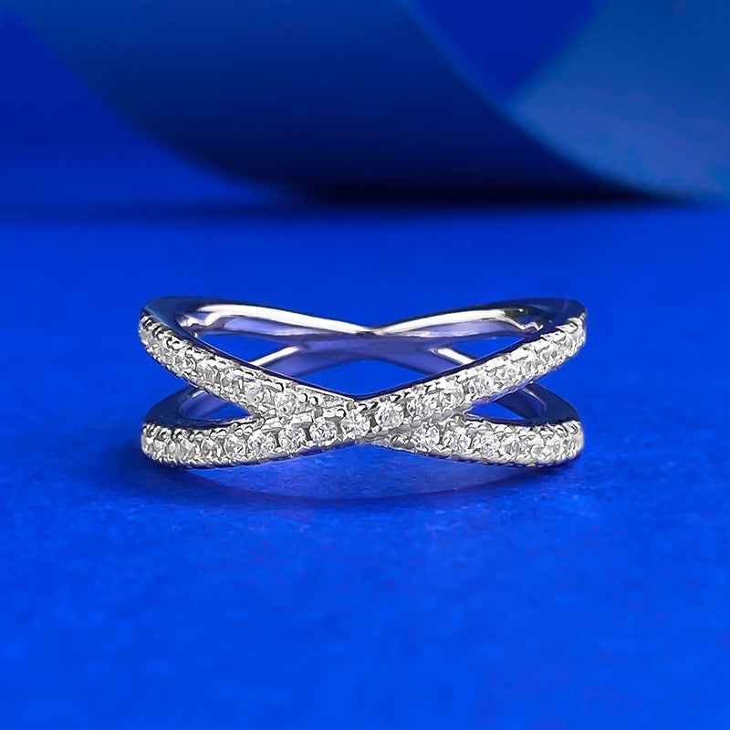Twisted Cross Paved Diamond X Ring, Double Interlaced Micro Diamond Gold & Silver Luxury Stackable Band