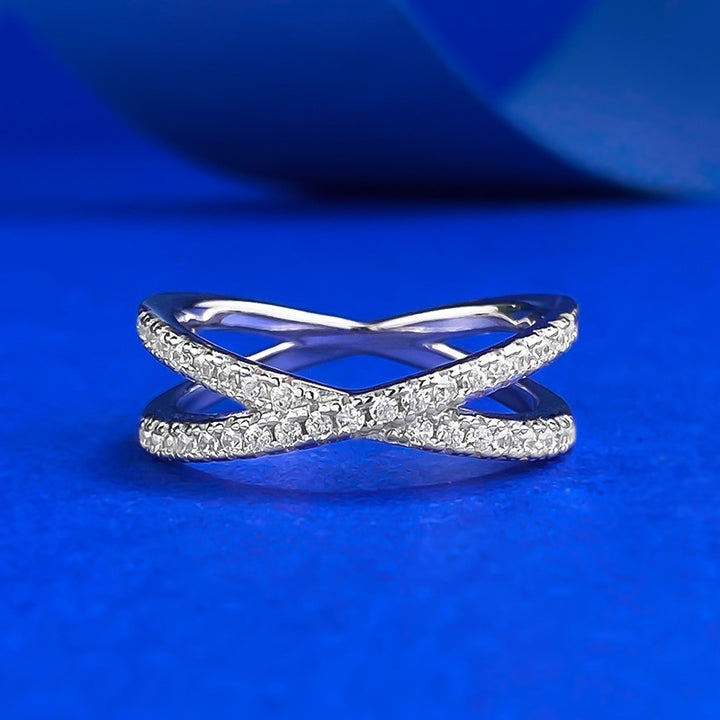 Twisted Cross Paved Diamond X Ring, Double Interlaced Micro Diamond Gold & Silver Luxury Stackable Band