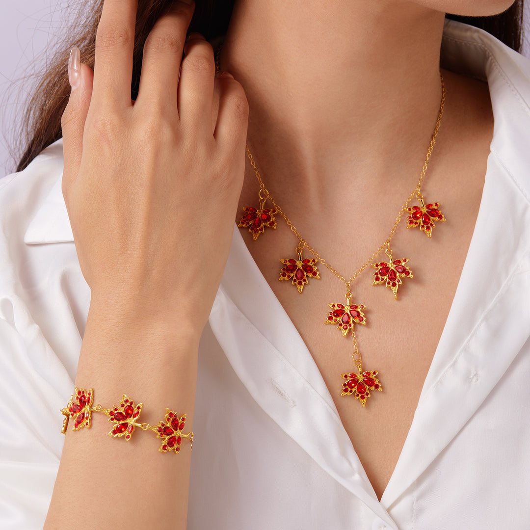 Red Diamond Maple Leaf Jewelry Set (Necklace + Bracelet + Hoop Earrings)