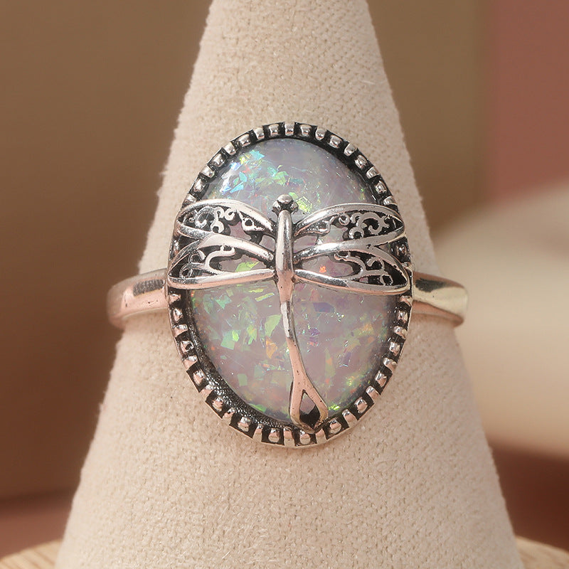 Vintage Hollow Dragonfly White Mother-of-Pearl Oval Ring, Antique S925 Silver Scalloped Bezel Art Statement Ring
