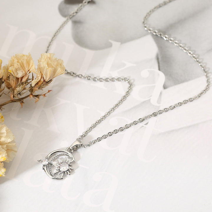Sun‑Moon Star Diamond Pendant Necklace, Gold & Silver Two‑Color Options