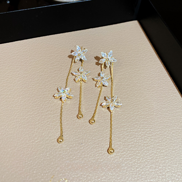 Three Diamond Flower Double Layer Tassel Stud Earrings, Floral Long Drop Gold Dainty Fairy Dangle Jewelry