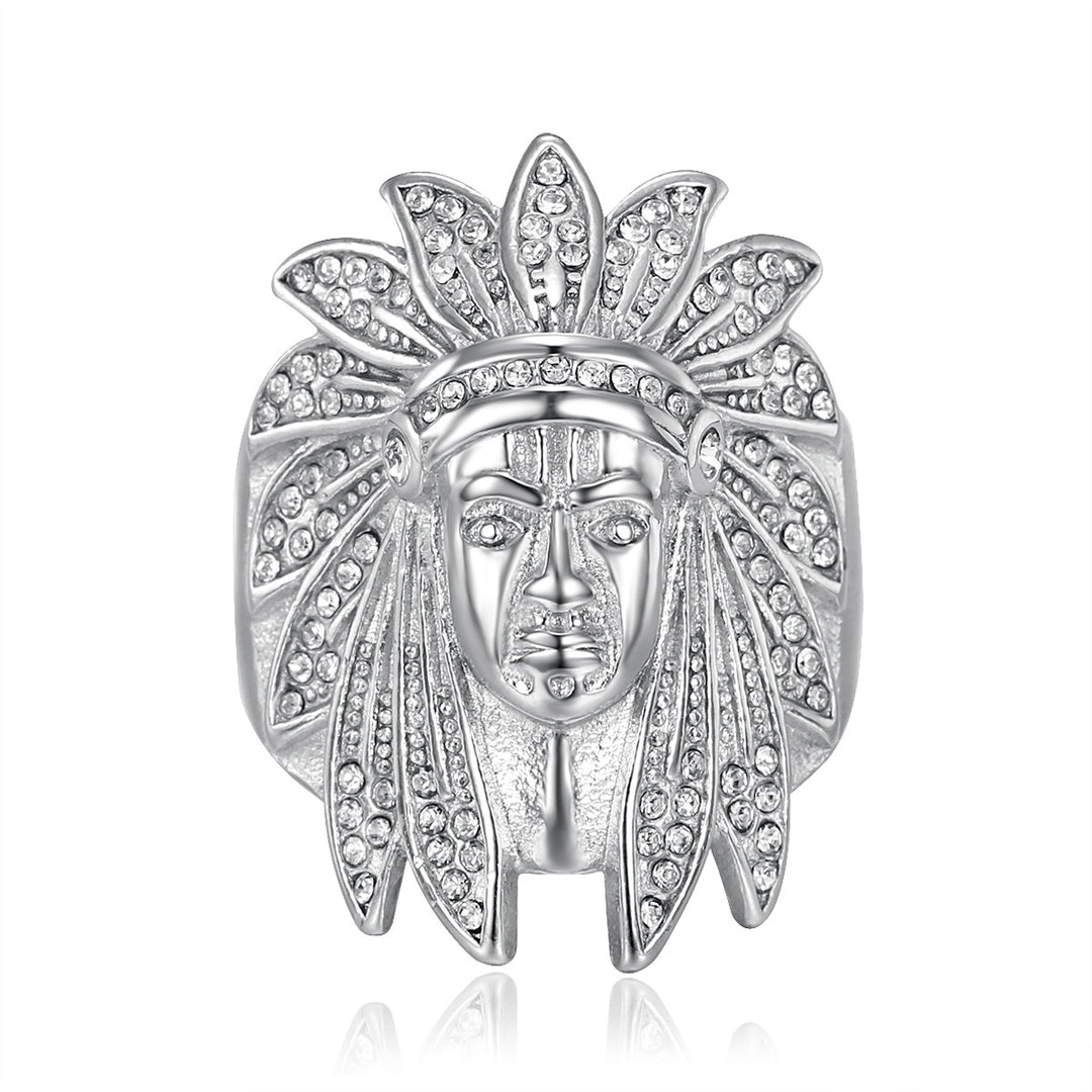 Native American Chief Pave Diamond Embossed Wide Ring, Solid S925 Silver Gold & Silver Two-Tone Vintage Tribal Men’s Band