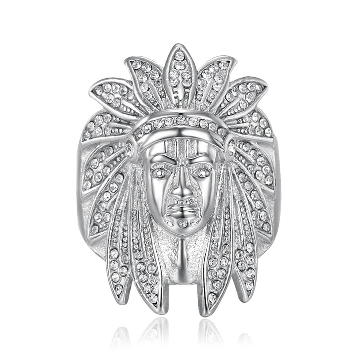 Native American Chief Pave Diamond Embossed Wide Ring, Solid S925 Silver Gold & Silver Two-Tone Vintage Tribal Men’s Band