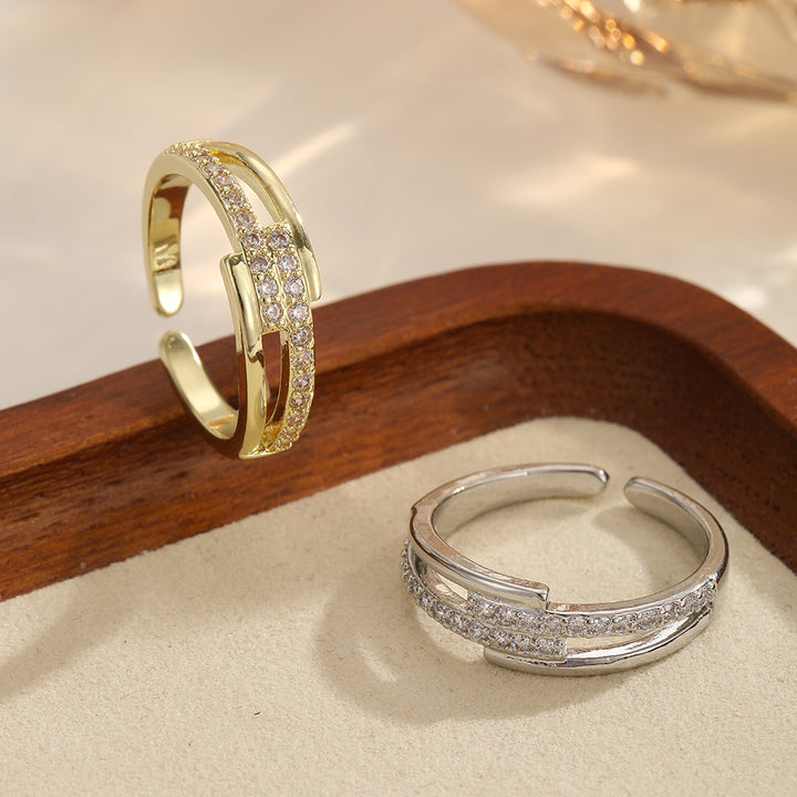 Double Layer Pave Cross Open Ring (2 Colors Delicate Adjustable Band)