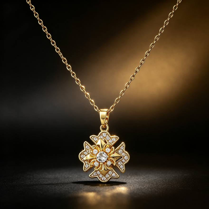 Vintage Ornate Cross Pave‑Set Diamond Gold Pendant Necklace