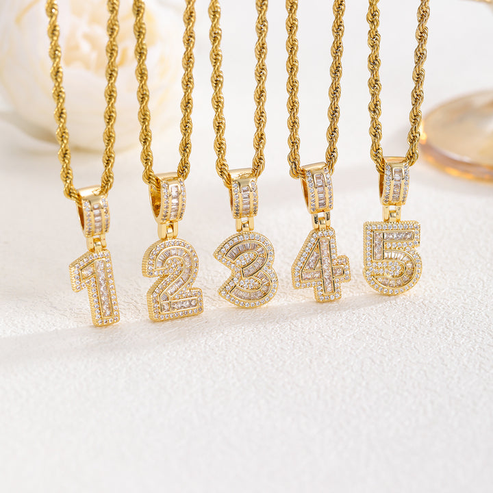 Iced-Out Number Pendant Necklace (Gold Tone Hip-Hop Style Twisted Chain)