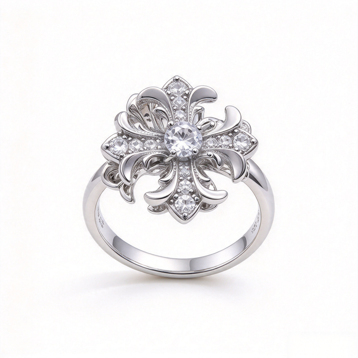Vintage Carved Cross S925 Silver Ring, Luxury Palace Style 3D Diamond Inlaid Ring, Gorgeous Banquet Ring in Gold & Silver Two Tones