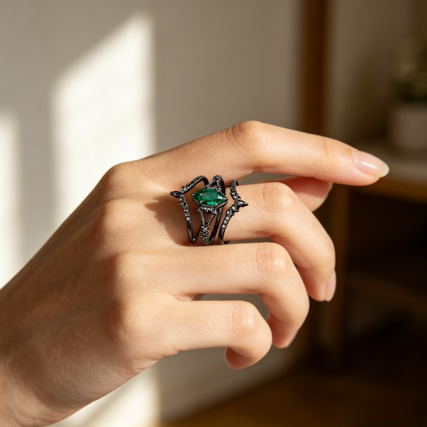Gothic Marquise Green Gemstone Stackable Ring Set (Black Tone Statement Band)