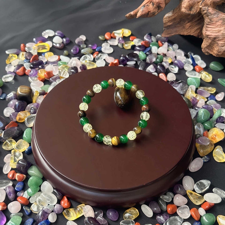 Wealth Triple Natural Crystal Bracelet, Tiger Eye Jade Rutilated Quartz Prosperity Bead