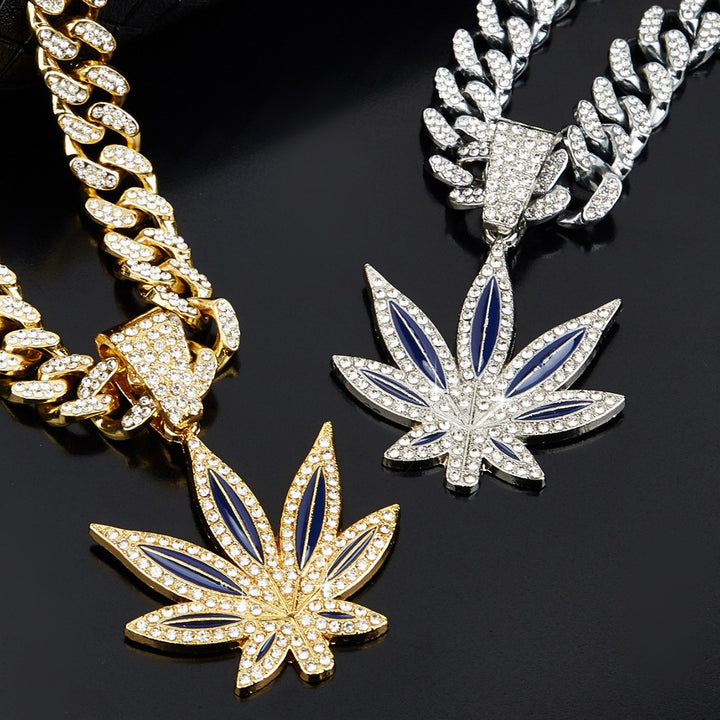 Color Enamel Maple Leaf Iced Out Cuban Necklace, Hip Hop Chunky Diamond Chain Trendy Pendant Necklace for Men