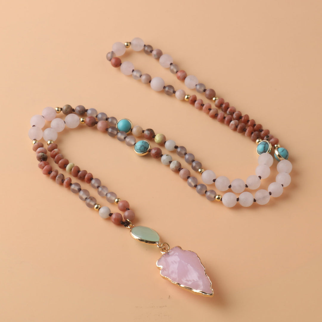 Gentle Style Pink Crystal Leaf Multi-Stone Long Beaded Necklace, Natural Frosted Jade Turquoise Vintage Versatile Sweater Chain