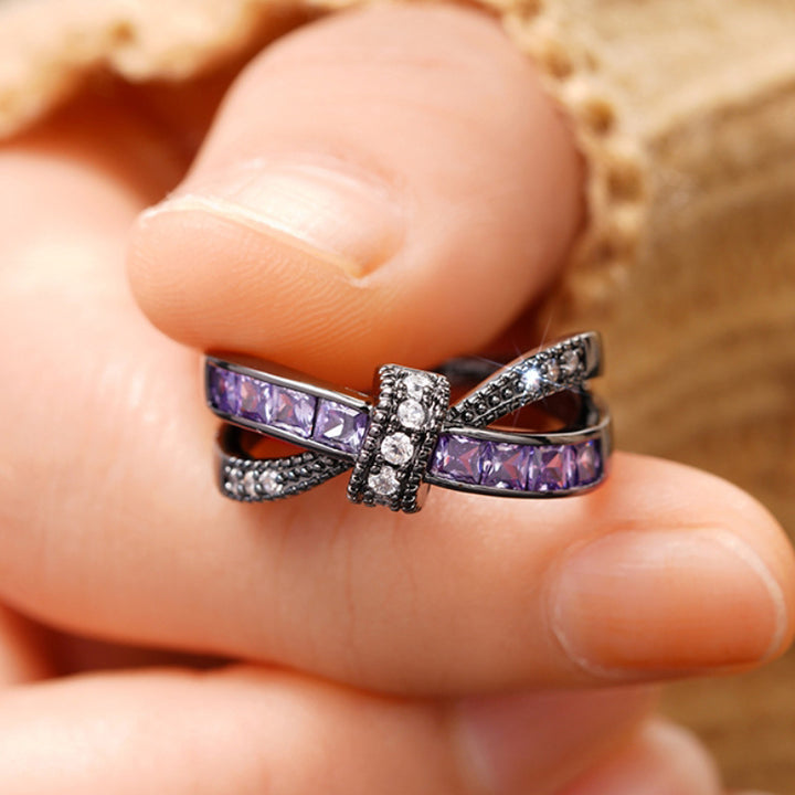 Twisted Cross Purple Crystal Black Gold Ring, Vintage Gunmetal Intertwined Ribbon Band Women Dark Luxury Jewelry