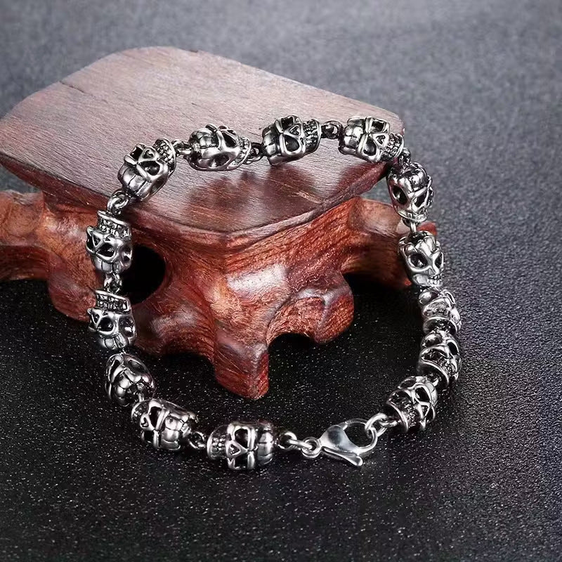 S925 Silver Clasp Vintage Skull Linked Bracelet, Gothic Dark Style Unisex Wrist Jewelry, Silver / Black Gun Two Tones