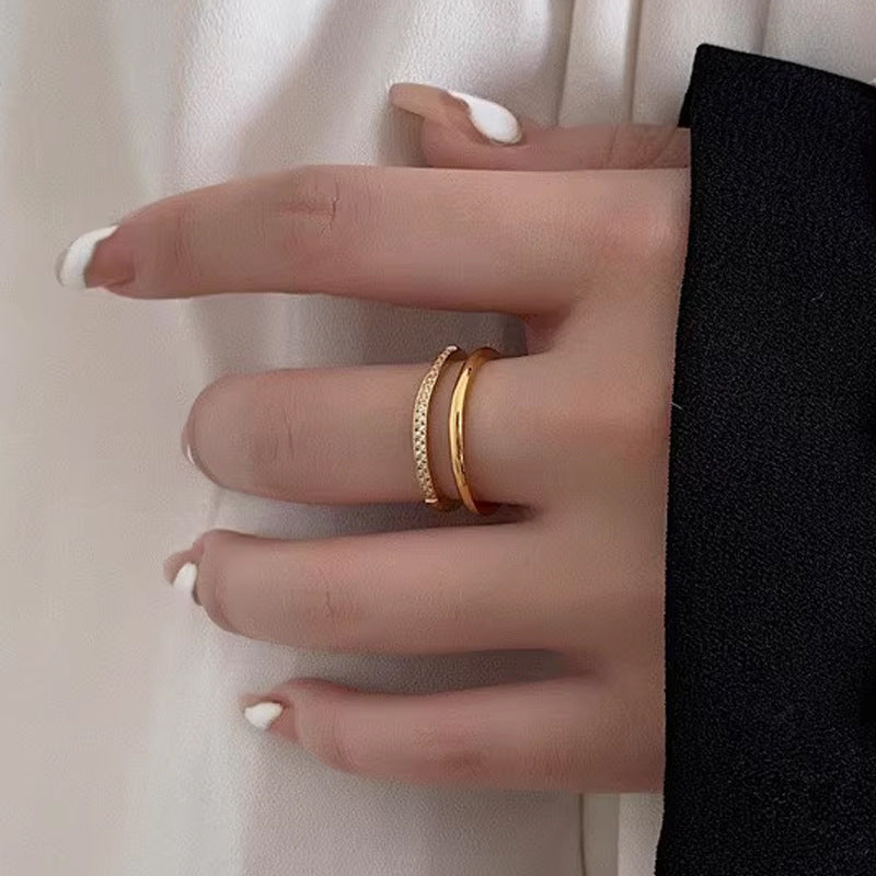 Double Intertwined Half Pave Thin Ring, 3 Colors Dainty Stacking Band For Women