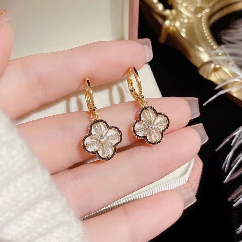 Vintage Enamel Clover Pave Diamond Hoop Earrings, Light Luxury Double Layer Shell Drop Dangles