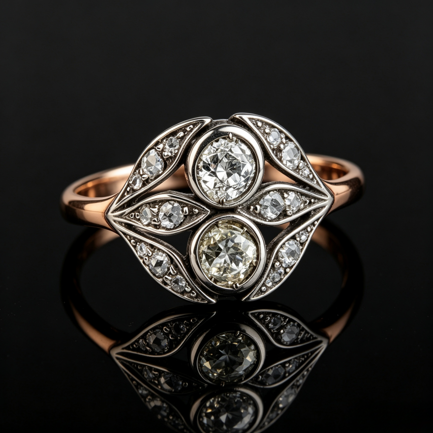 Edwardian Vintage Dual Center Stone Leaf Two-Tone Ring, Solid S925 Silver Rose Gold & Antiqued White Engagement Band