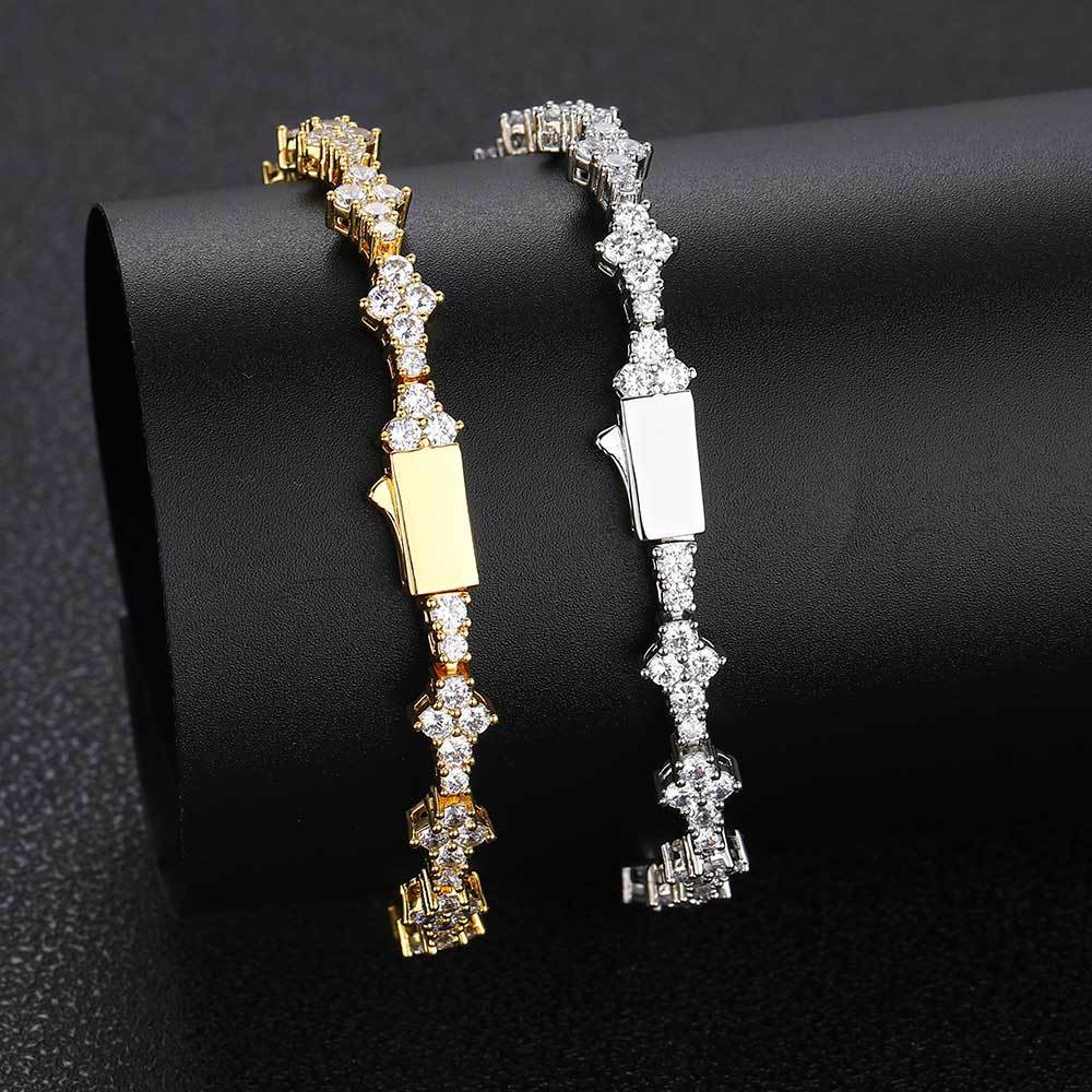 Four-Pointed Star Paved Diamond Tennis Bracelet, Gold & Silver Luxury Full Diamond Elegant Clasp Bracelet for Women