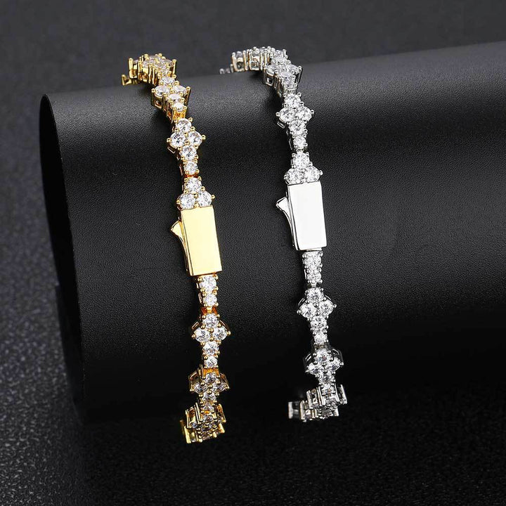 Four-Pointed Star Paved Diamond Tennis Bracelet, Gold & Silver Luxury Full Diamond Elegant Clasp Bracelet for Women