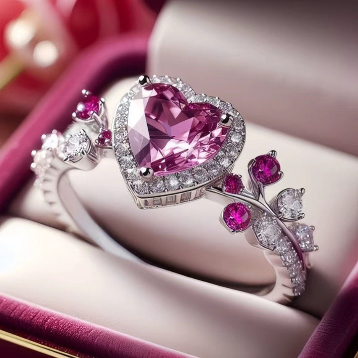 Heart‑Shaped Pink Gemstone Leaf‑Branch Diamond S925 Sterling Silver Ring