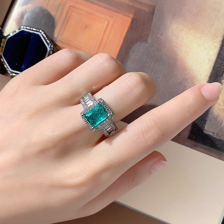 Square Green Gemstone Halo Diamond S925 Silver Ring