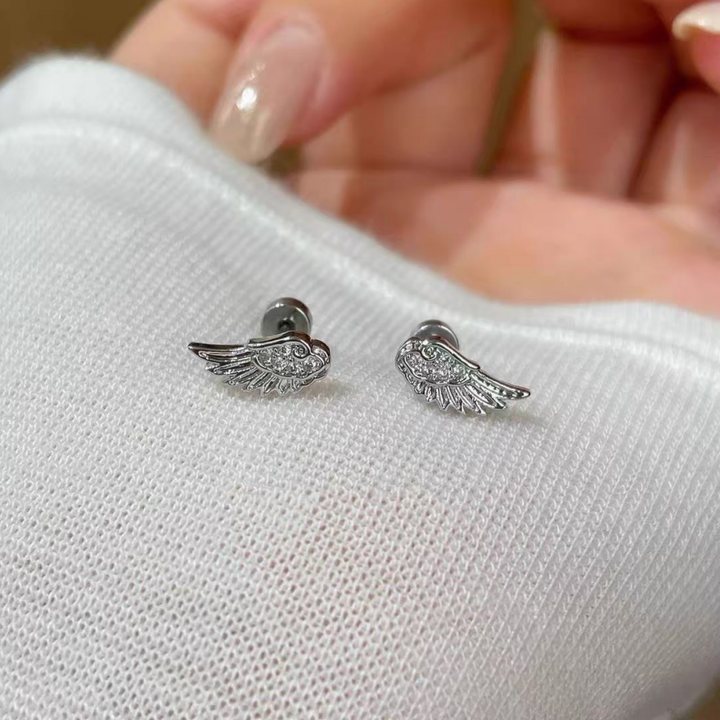 Wing Diamond Inlaid S925 Silver Stud Earrings, Delicate Angel Wing Ear Jewelry, Multi Color Available