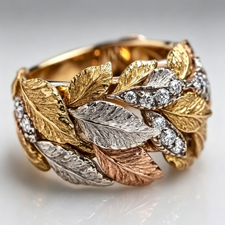 S925 Silver Tri‑Tone Intertwined Leaf Diamond Wide Band Ring, Vintage Heavy‑Craft Foliage Women Ring