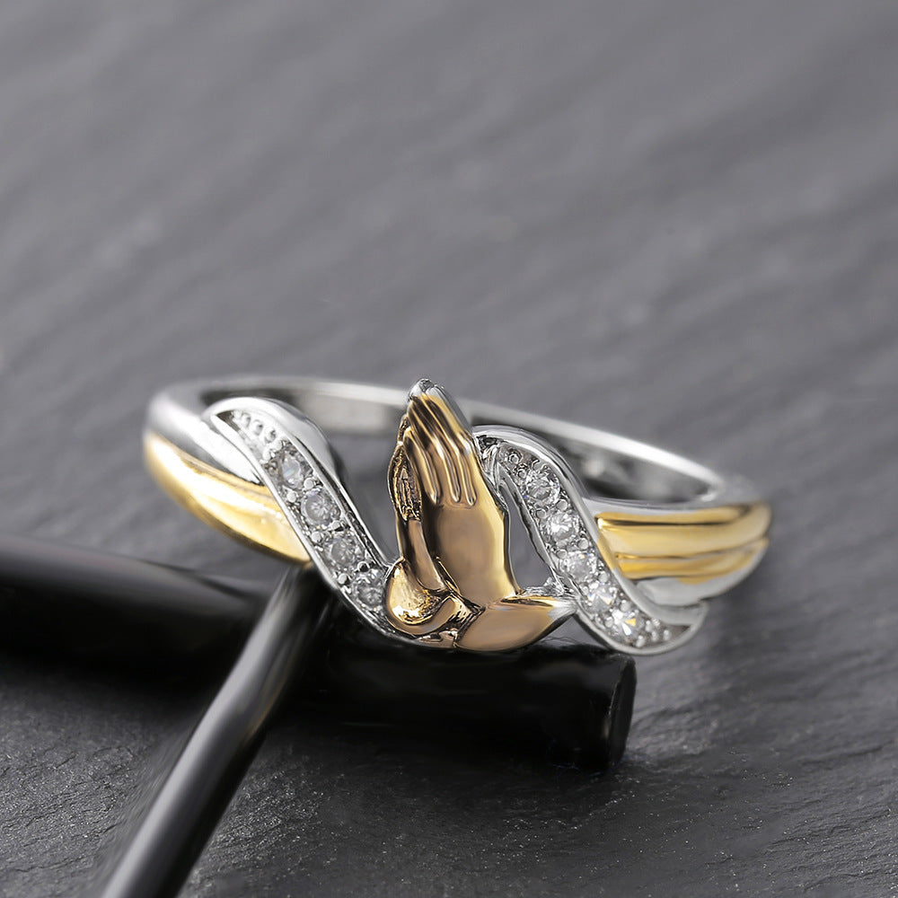 Two-Tone Praying Hands Diamond Ring (Religious Luxury Women's Band)