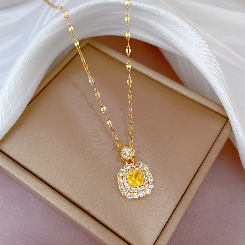 Square‑Cut Double‑Layer Halo Pendant Choker Necklace, Two‑Color Options